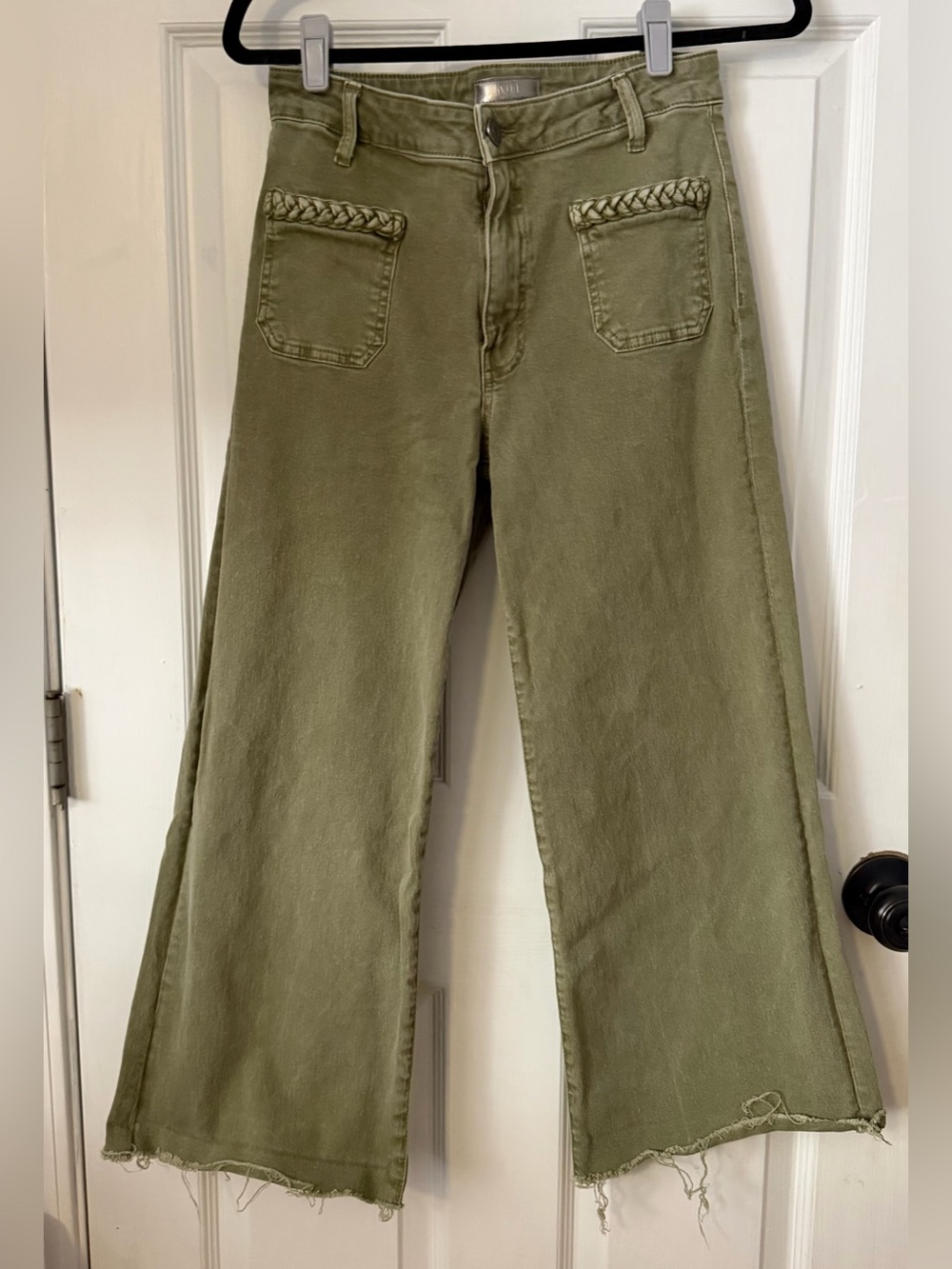 KUT From the Kloth Meg Wide Leg Jeans 0 Olive Green Braided Raw Hem